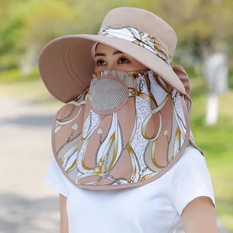 Summer Women Outdoor Print Fisherman Hat UV Protection Wide Brim Garden Work Shade Hat Breathable Face Mask Detachable Sunhat