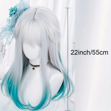Blue White Gradient Bangs Straight Synthetic Wig with Ponytail Anime Party Cosplay Fashion 2025 New Fiber Hairdo