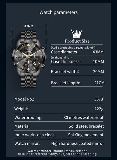 OLEVS Original Fashion Moon Phase Men's Watches Waterproof Chronograph Quartz Watch Stainless steel Calendar Brand Wristwatch