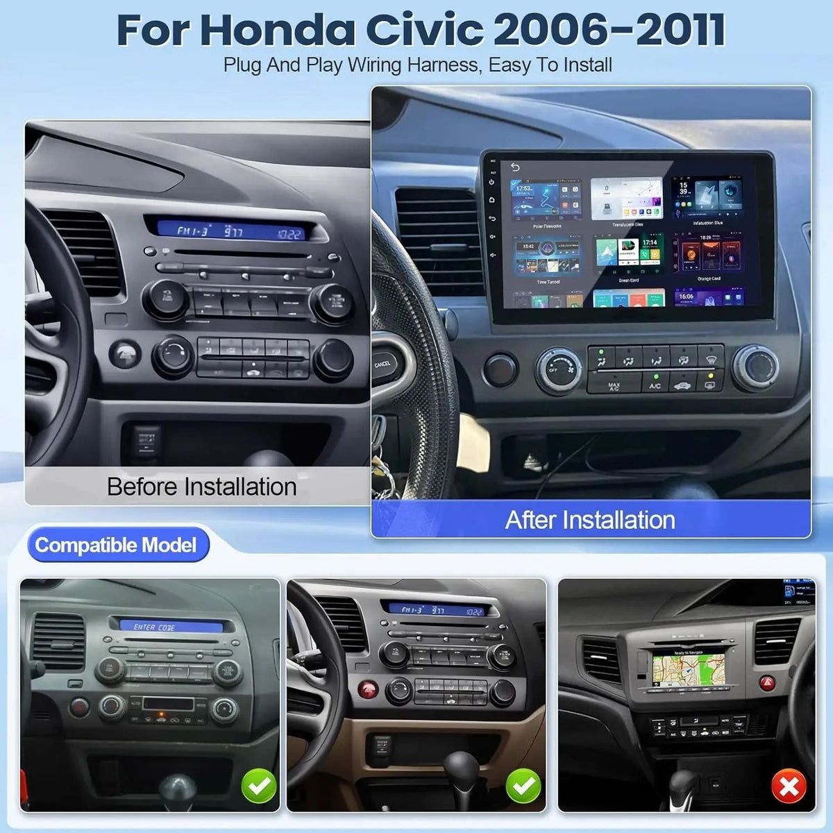 Car Stereo Radio Support Wireless CarPlay&Android Auto for Honda Civic 2006-2011 10" IPS Touch Screen Bluetooth/WiFi/Rear Camera