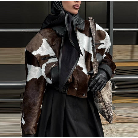 Fashion Women's Cow Print Jacket Lapel Collar Short Length Zipper Button Coats 2025 Autumn Winter Female Trendy Warm Outerwear