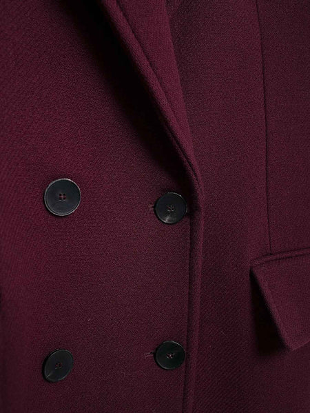 HH Women Fashion Burgundy Woolen Coat Double Breasted Long Sleeve Lapel Blends Jacket Autumn Winter High Street Outerwear