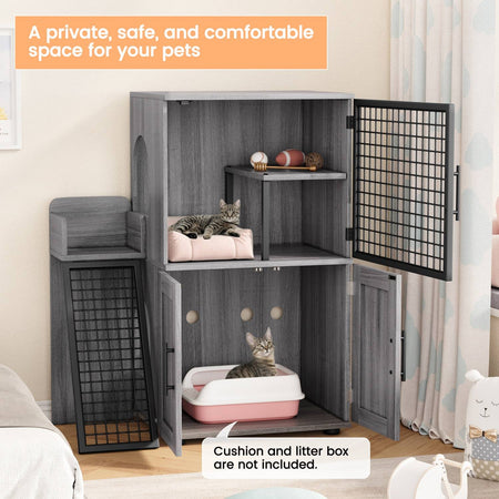 Cat Litter Box Enclosure with Platform,Double Layer Cat Litter Hidden Furniture,Cat Washroom Furniture,Cat House with Ladder