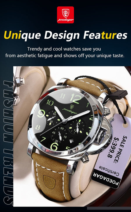 POEDAGAR Luxury Military Watch For Men Waterproof Luminous Leather Man Watch Quartz High Quality Men's Sports Watches Male Reloj