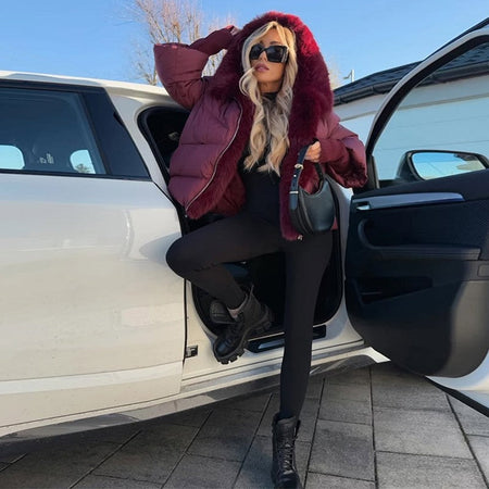 Vintage Women's Fur Coat Elegant Furs Collar Puffer Thicken Full Sleeve Jacket With Furs Female 2025 Autumn Winter Woman Coats