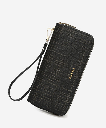 FOXER Split Leather Lady's Wallet Bifold Long Clutch Bag with Wristlet Fashion Card Holder Coin Purse Cellphone Money Bag