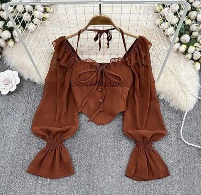 Pure Desire Aesthetic Women's Off-shoulder Top Slimming Cropped Blouse Halter Neck Flare Sleeveless Shirt Stylish Slimming