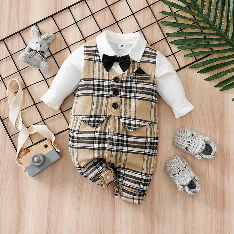 Newborn Baby Boy Clothes white baby onesie with khaki check print One-piece Vest gentleman's spring and autumn pajamas