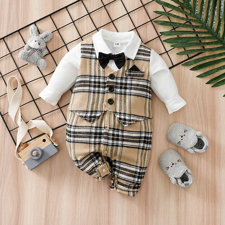 Newborn Baby Boy Clothes white baby onesie with khaki check print One-piece Vest gentleman's spring and autumn pajamas