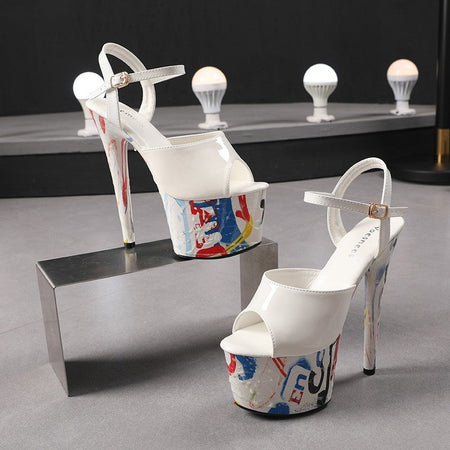 17CM Summer Shoes Women luxury Sandals Platform Ladies Shoes Stripper Womens High Heels Geometric Fluorescent Night light Heels