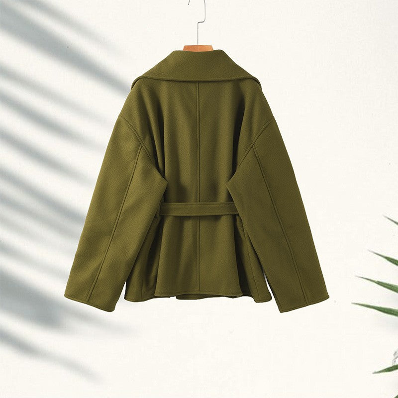 Woolen Solid Women Coat Fashion Belt Patchwork Lace Up Full Sleeve Lapel Lady Jacket 2025 Autumn Winter Female Loose Streetwear