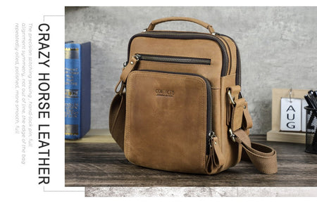 CONTACT'S Crazy Horse Leather Men's Shoulder Bag Vintage Messenger Bags Men Bolsos Male Crossbody Bags Man's Handbag Sling Bag