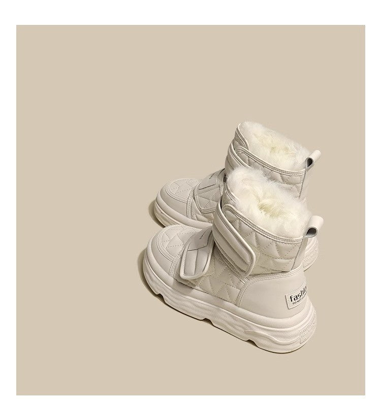 Fur White Boots Women Padded Cotton Shoes Winter Warm Pu Leather Snow Boots Footwear Thick Bottom Plush Short Ankle Boots