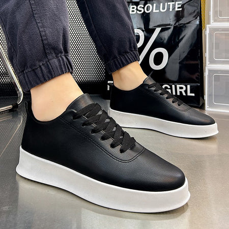 Fashion Thick Sole Black White Soft Men Leather Shoes Platform Men Casual Board Shoes Walking Sport Shoes Lightweight Work Shoes