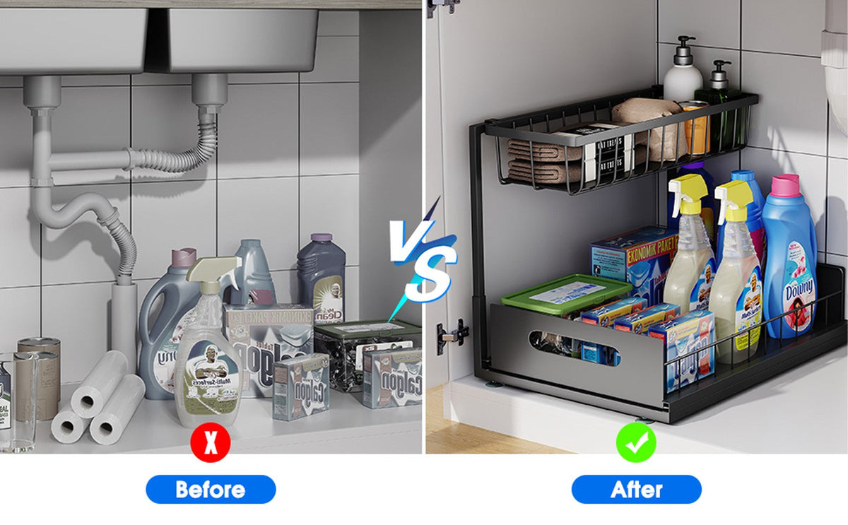 Under Sink 2 Tier Sliding Cabinet Basket Organizer Drawer Pull Out Cabinet Multi-Purpose  Sink Organizer for Bathroom Kitchen