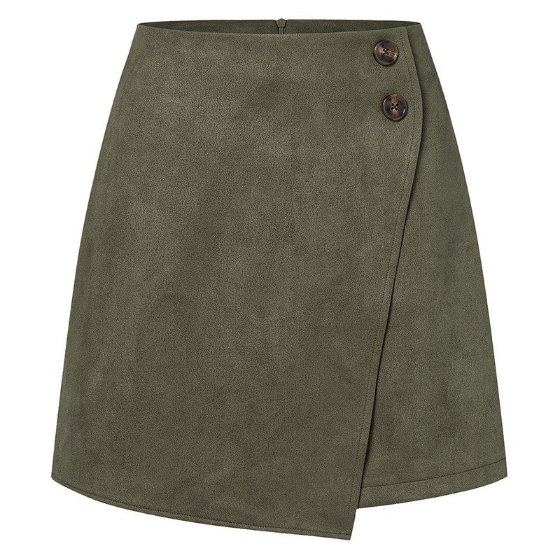 Chic Faux Suede Mini Skirts Women Design Irregular Button Skirts Woman Spring Autumn High Waist Zipper Up A-Line Skirt Ladies