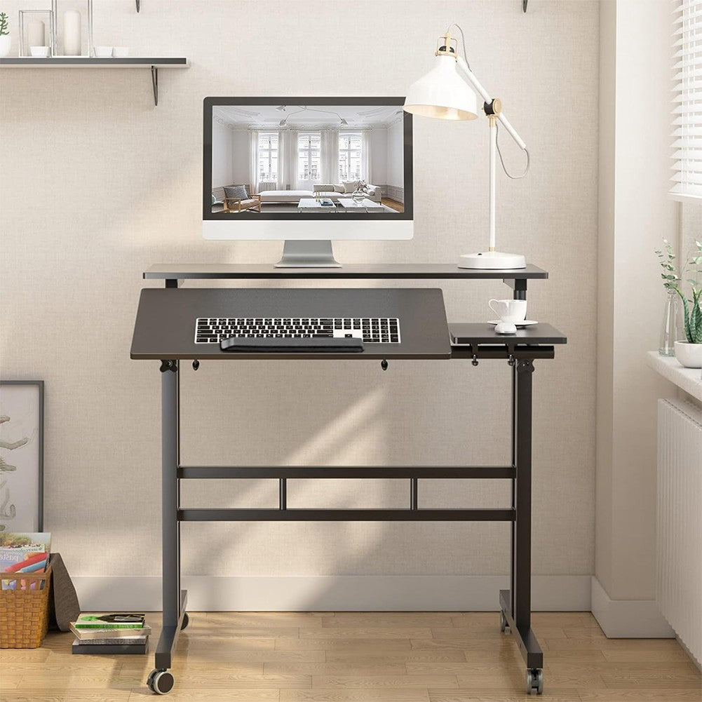 Mobile Desk With Folding Table Top, Height Adjustable Computer PC Table Workstation Laptop Stand with Rollers for Home Office