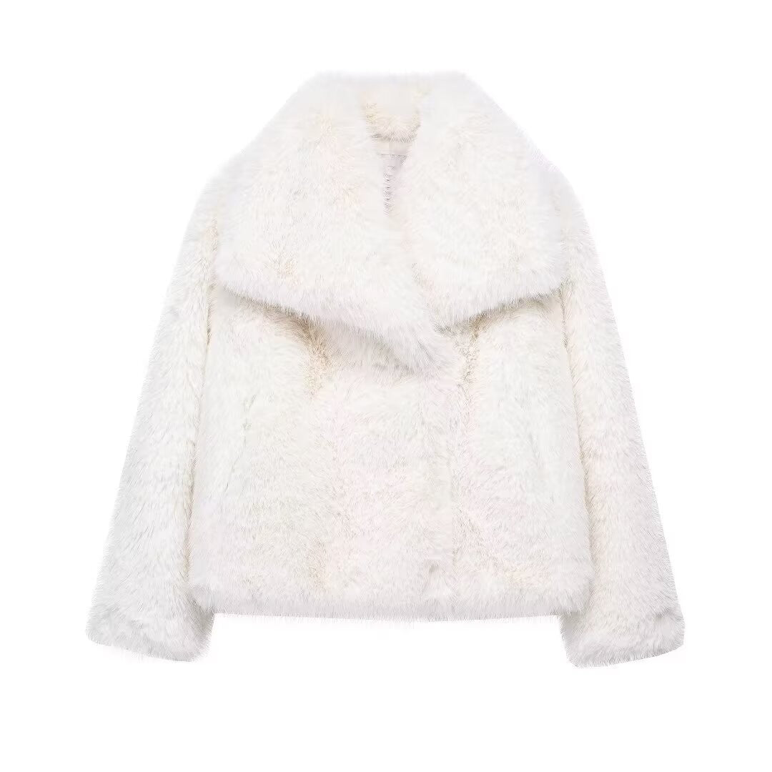 HH 2025 Vintage Women Cropped Faux Fur Jacket Long Sleeve Turn-Down Collar Female Plush Wool Coats Chic Lady Fur Outerwear