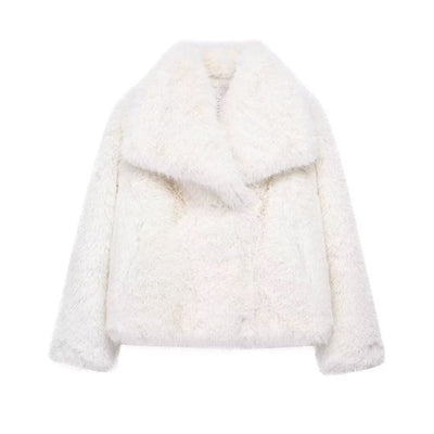 HH 2025 Vintage Women Cropped Faux Fur Jacket Long Sleeve Turn-Down Collar Female Plush Wool Coats Chic Lady Fur Outerwear