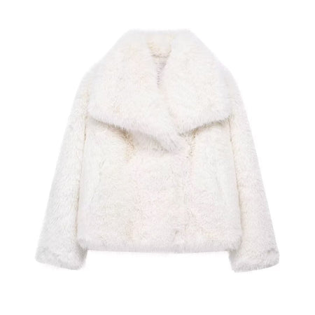 HH 2025 Vintage Women Cropped Faux Fur Jacket Long Sleeve Turn-Down Collar Female Plush Wool Coats Chic Lady Fur Outerwear