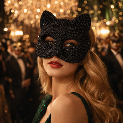 Rhinestone Cat Masquerade Mask, Crystal Studded Half Face Mask for Women Halloween Party and Cosplay