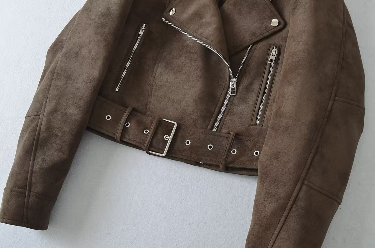 European style new women's fashion versatile temperament retro design velvet PU motorcycle jacket short coat