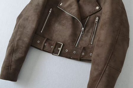 European style new women's fashion versatile temperament retro design velvet PU motorcycle jacket short coat