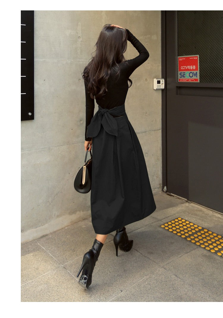 Skirts Womens Korean Fashion Solid Color Big Swing Ladies Skirt Long Skirt 2025 Autumn Wild High Waist Bow Slim Skirts
