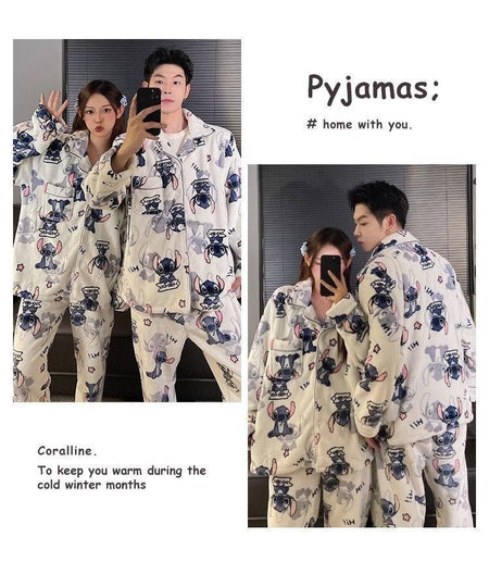 2Pcs Couple Plush Pajamas Suit Cute Disney Stitch Anime Man Woman Homewar Long Sleeve Pants Winter Cartoon Thicken Sleepwear