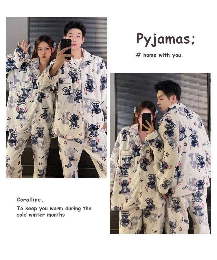 2Pcs Couple Plush Pajamas Suit Cute Disney Stitch Anime Man Woman Homewar Long Sleeve Pants Winter Cartoon Thicken Sleepwear