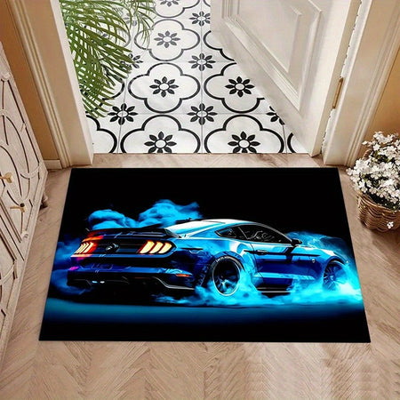 Blue Sports Car Design Area Rug, for Living Room, Bedroom, Game Room Decor - Car Art Floor Mat