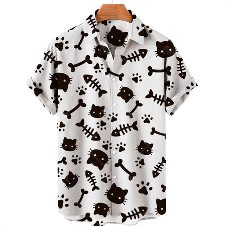 2024 Cat Pattern Hot Sale 3D Printed Hawaiian Shirt Men's Vacation Beach Short Sleeve Fashion Large Size Affordable Good Top