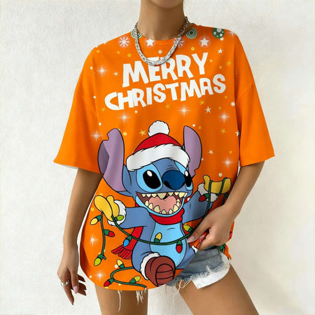 Women's Disney Stitch Christmas Tee Summer Oversized Short Sleeve Top Streetwear Daily Fashion & Trendy Outfits Casual T-Shirt