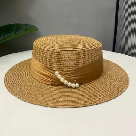 2024 Summer French Elegant Beach Straw Hats for Women Visor Fitted Hat Brim Jazz Travel Pearl Female Casual Panama Hat Suncap