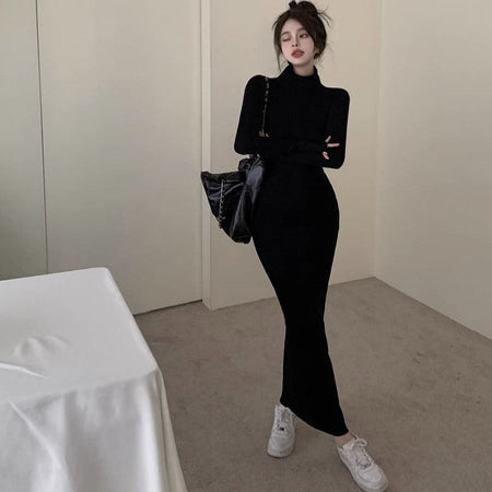 Sexy Black Turtleneck Knitted Bodycon Dress Women Autumn Winter Long Sleeve Sweater Dress Woman Korean Bottoming Long Dresses
