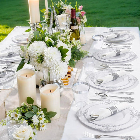 350PCS Silver Plastic Plates and PreRolled Napkins for 50 Guests Disposable Dinnerware Set with 100 Silver Disposable Plates 15