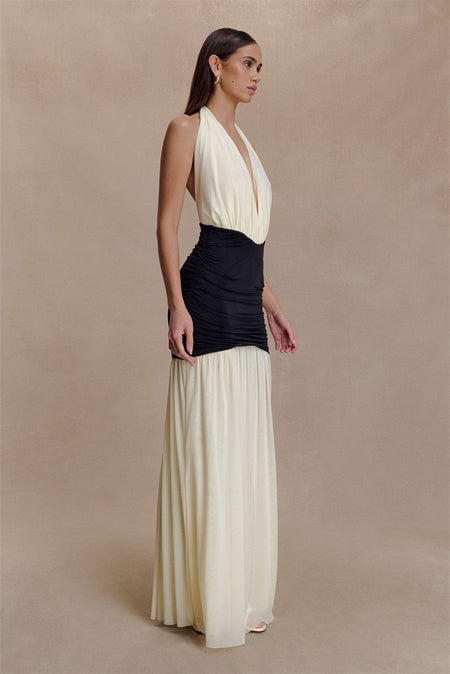 Mozision Patchwork Halter Backless Sexy Maxi Dress Women Gown Elegant Deep V Neck Sleeveless High Waist Bodycon Club Party Dress