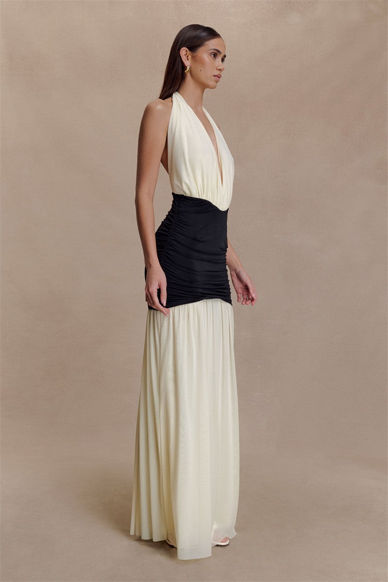 Mozision Patchwork Halter Backless Sexy Maxi Dress Women Gown Elegant Deep V Neck Sleeveless High Waist Bodycon Club Party Dress