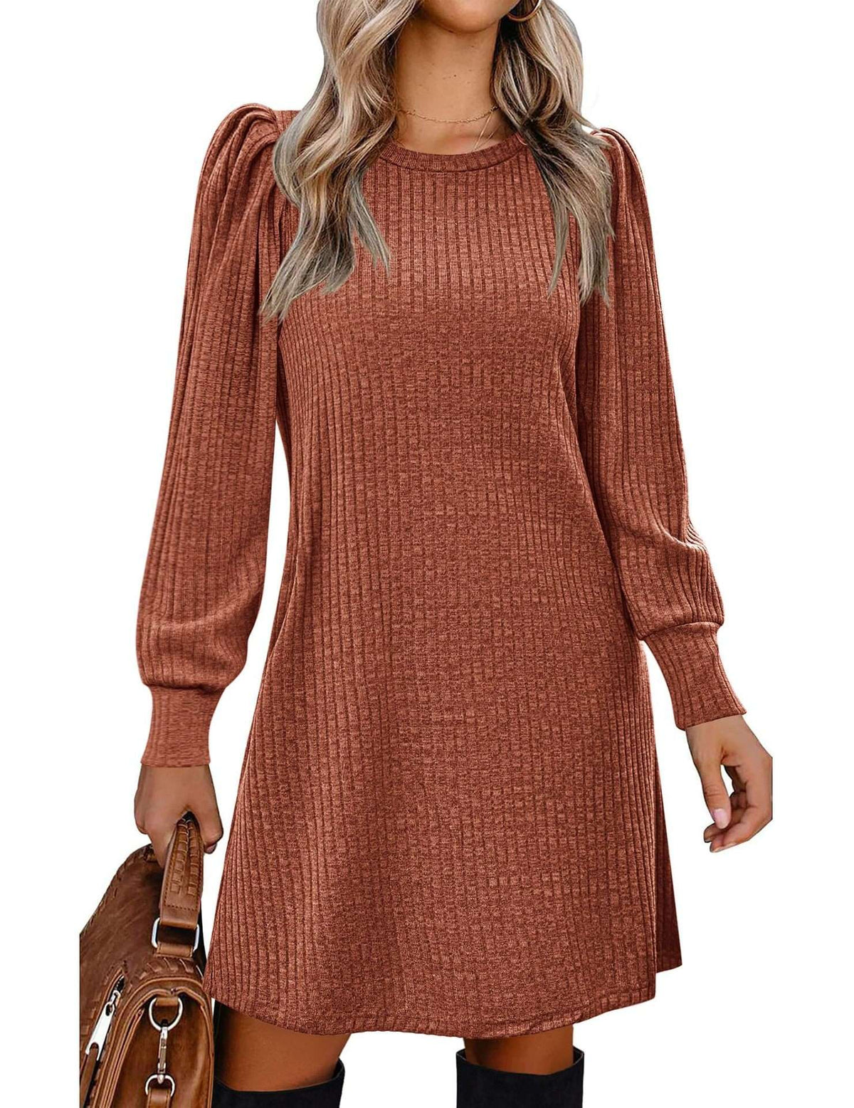 Y2K autumn and winter women's crew neck solid color sweater bubble sleeve fashion commuter dress comfortable casual loose dress