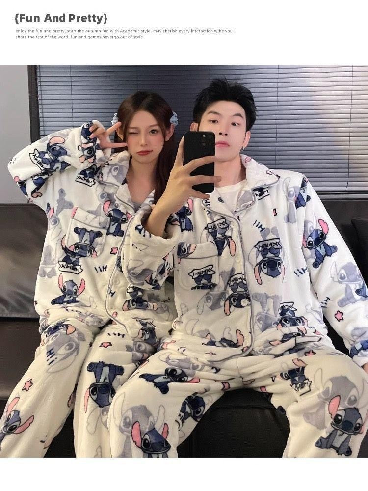 2Pcs Couple Plush Pajamas Suit Cute Disney Stitch Anime Man Woman Homewar Long Sleeve Pants Winter Cartoon Thicken Sleepwear