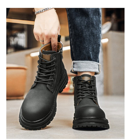 New winter men's shoes rain boots motorcycle leather shoes plush warm outdoor leisure high-top lace-up women's boots