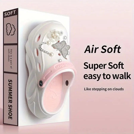 Silver Butterfly Platform Sandals for Women Summer Fashion Pearl Flower Decor Clogs Shoes Woman Thick Bottom EVA Beach Slippers