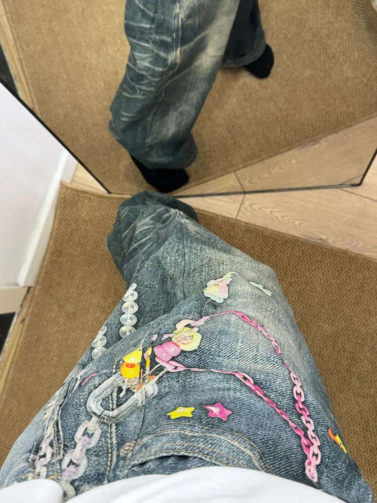 American High Street 3D Digital Print Candy Chain Weathered Knife Straight Leg Casual Jeans for Men And Women