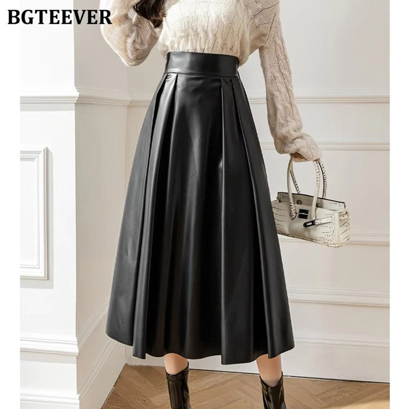 BGTEEVER Spring Autumn Loose PU Leather A-line Skirts Women Elegant High Waist Pleated Faux Leather Skirts Female