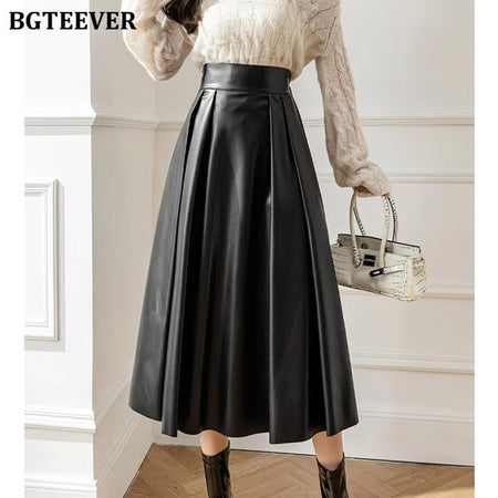 BGTEEVER Spring Autumn Loose PU Leather A-line Skirts Women Elegant High Waist Pleated Faux Leather Skirts Female
