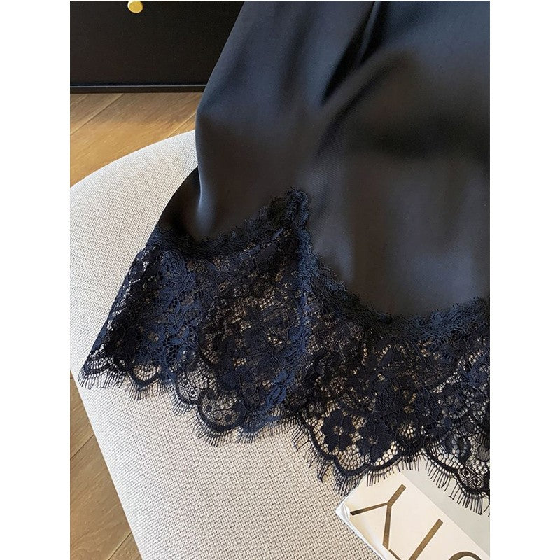 Ladies Fashion Lace Patchwork Satin A-line Skirt Summer High Waist Solid Color Temperament Skirt Women Clothes Simplicity Skirt