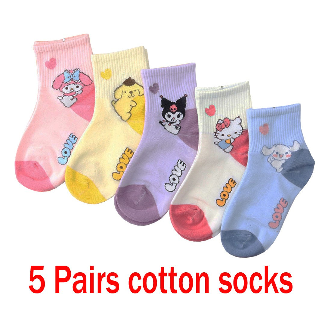 5Pairs Sanrio Cinnamoroll Kuromi Kawaii Spring and Autumn Cartoon Middle Tube Socks For Girls Boy Children Mid-calf Cotton Socks