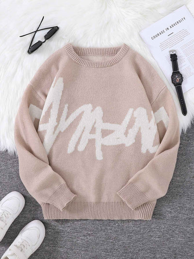New Popular Spring Autumn Graffiti Jacquard Pattern Pullover Sweater Casual Round Neck Contrast Color Knitted Men's Pullover