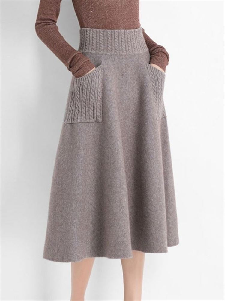 Autumn Winter Women's Mid-Length Knitted Pleated Skirt High Waist A-Line Long Skirt Loose Fuzzy Wool Skirt Double ket