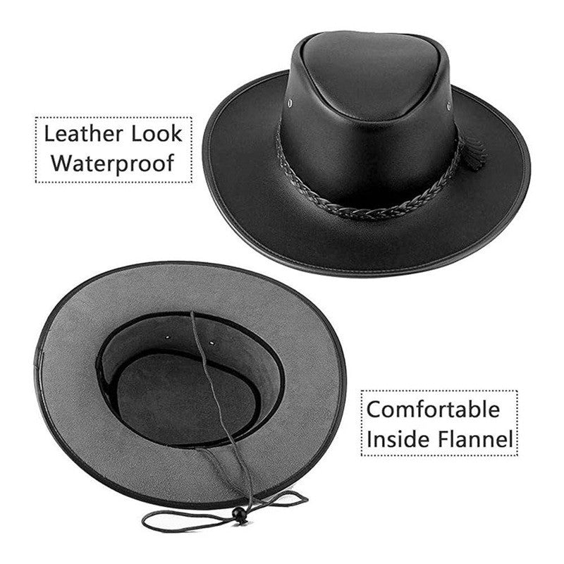 Combhasaki Mens Western Cowgirl Hats with Adjustable String Artificial Leather Wide Brim Outdoor Fashion Unisex Sunshade Cap